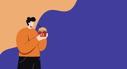 Stylized illustration of a person holding a delicious fast-food meal, complete with a burger and drink. Perfect for depicting modern dining, convenient delivery, or casual eating experiences.
