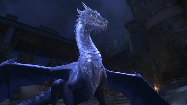 2 Dragons shaped from blue energy soar around a medieval castle turret with banners flapping knights on watch drawbridge lowered over a moat and torchlight flickering from windows