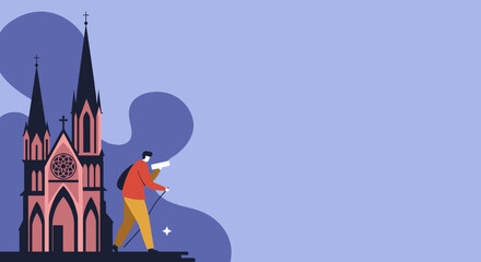 Traveler exploring historic church architecture with a map, symbolizing tourism, adventure, and cultural discovery. Ideal for travel or lifestyle content.