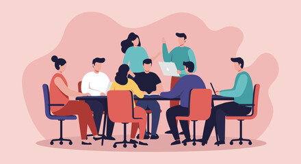 Diverse business team collaborating in a modern office meeting, discussing ideas and working together on a project. Emphasizes teamwork and productivity.