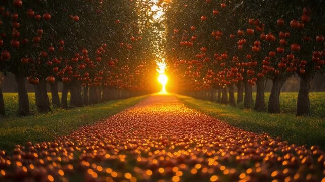 Sunset illuminates vibrant apple orchard in full bloom
