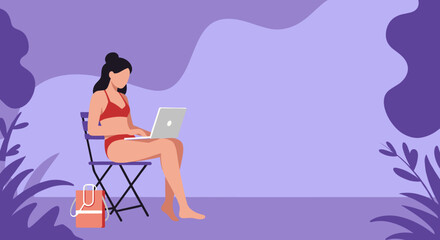 Woman in swimsuit working on laptop outdoors. Illustrates remote work, digital nomad lifestyle, and flexible productivity for travel or business concepts.