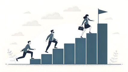 Fototapeta premium Minimalist flat vector of businesspeople climbing stairs shaped like a bar chart, symbolizing success.