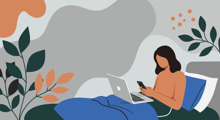 Person working remotely from bed, simultaneously using a laptop and smartphone. Represents modern comfort, digital connectivity, and flexible work-life.