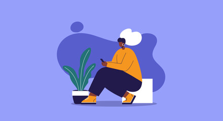Modern flat design illustration of a woman casually using her smartphone, embodying connectivity, communication, and digital lifestyle.