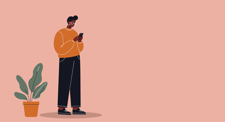 Stylish person focused on their smartphone, symbolizing digital communication, social media, and modern mobile lifestyle. Ideal for technology, business, and online themes.