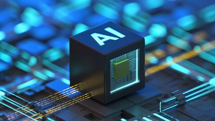 Closeup of a cubic ai processor with glowing circuits and data streams, representing artificial intelligence and advanced computing