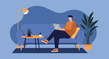 Man working on a laptop from the comfort of his home sofa, embodying remote work, freelancing, or online learning. Ideal for lifestyle and business concepts.