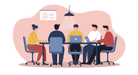 A diverse business team collaborates around a table in a modern office setting. Ideal for themes of teamwork, innovation, corporate strategy, and professional development.