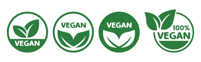 Vegan food icon set badge sign. Bio, Ecology, Organic logos and badges, label, tag. Green leaf on white background. Vector illustration.