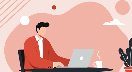 Illustration of a man working on a laptop at his desk with a coffee cup and plant, representing remote work and productivity.