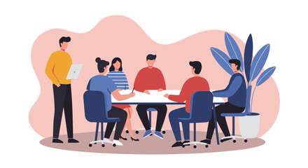 Diverse business team collaborating in a modern office meeting, discussing ideas and strategies. Ideal for teamwork, planning, and professional development.