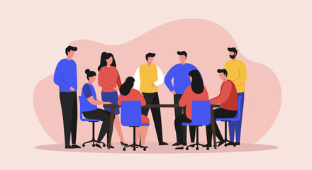 Diverse business team collaborating in a dynamic office meeting. Concepts of teamwork, brainstorming, and project discussion for corporate success.