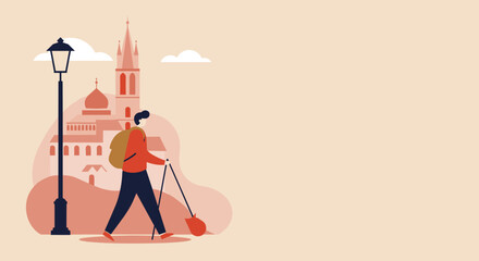 A male traveler with a backpack and walking poles explores a European city street, featuring historic architecture. Represents adventure, tourism, and active lifestyle.