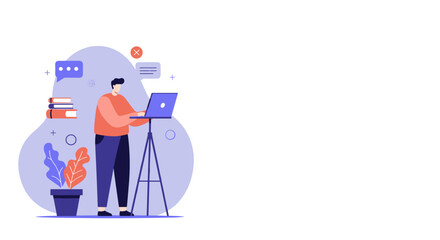 Man working diligently on a laptop on a stand, surrounded by books and digital communication icons. Represents remote work, online learning, and digital productivity.