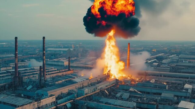 Industrial plant explosion with fire and smoke