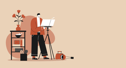 Minimalist illustration of a man engaged in a creative activity, possibly painting or presenting, in a modern interior setting. Ideal for design, education, and lifestyle themes.