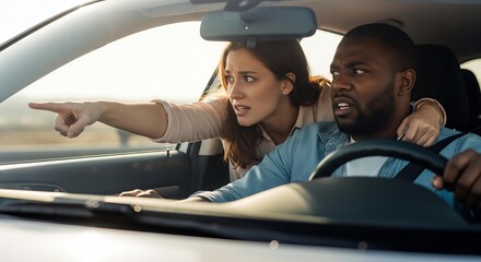 A Frantic Warning: A passenger grabs the driver's shoulder, pointing desperately at an unseen danger he has yet to notice.
