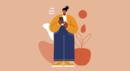 Stylish woman uses smartphone for social media and communication in a modern, casual setting, illustrating digital connection and lifestyle.