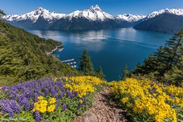 Mountain lake vista with wildflowers