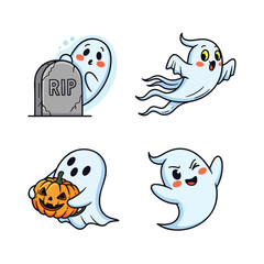 A collection of four cute cartoon ghost characters for Halloween with a tombstone and a jackolantern.