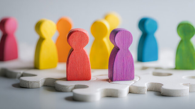 Colorful wooden figures stand out on a puzzle piece background in a playful arrangement