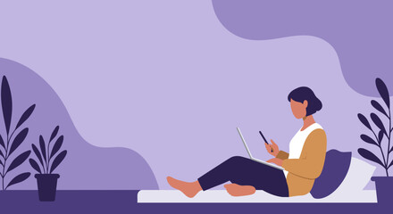 Woman works remotely from her comfortable home, multitasking with a laptop and smartphone. Represents modern flexible work and digital connectivity.