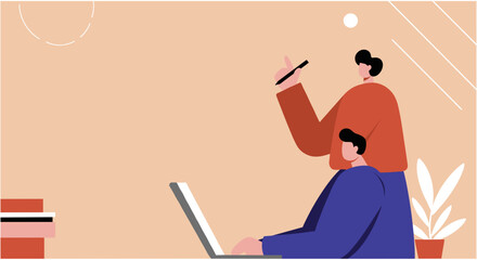 Two colleagues collaborate on a project using a laptop, brainstorming ideas. Represents teamwork, innovation, and professional development in a modern office setting.