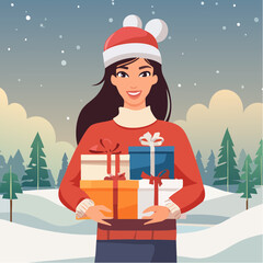 Beautiful brunette in hat holding Christmas presents