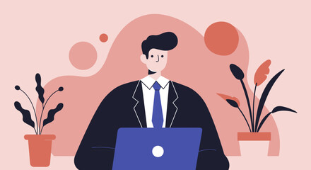 Professional businessman working diligently on his laptop in a modern, minimalist office environment. Ideal for concepts of productivity, remote work, and digital business.