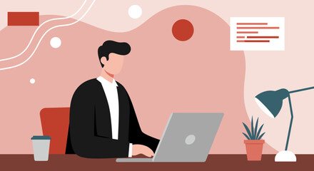 Professional man focused on working remotely at his desk with a laptop. Illustrates productivity, remote work, and modern business lifestyle.