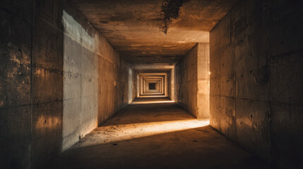 Deserted corridor in a concrete bunker with rough walls and an eerie atmosphere