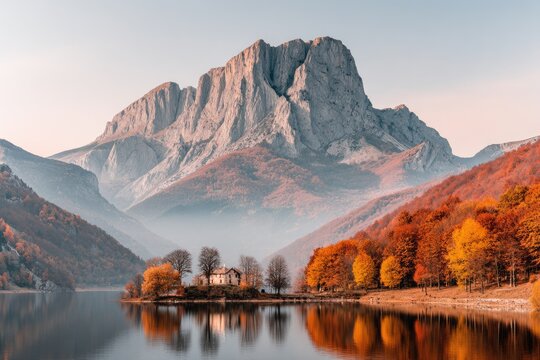 Autumnal mountain lake, calm reflections - Powered by Adobe