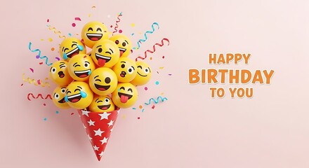 Happy birthday greeting with emoji balloons in a cone