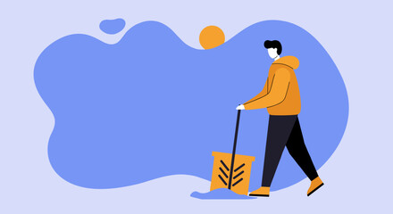 Flat illustration of a person shoveling snow, representing winter chores, hard work, and seasonal home maintenance. Ideal for winter service concepts.
