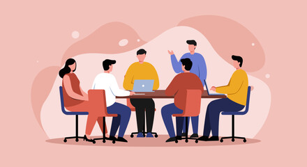 Diverse business team collaborating and discussing ideas around a table in a modern office meeting. Perfect for corporate strategy, brainstorming, or project planning concepts.