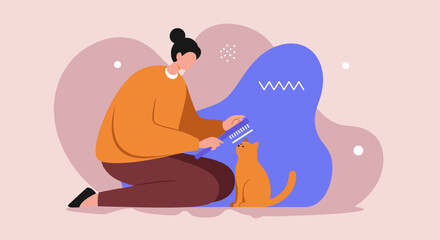 Caring woman lovingly brushes her ginger cat, depicting pet grooming and the joy of animal companionship in a cozy home setting.