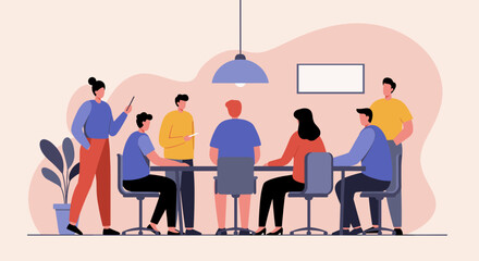 Diverse team collaborating in a modern office meeting. Discussing strategy, brainstorming ideas, and fostering communication for business success. Ideal for corporate and professional themes.