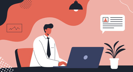 Professional businessman working on a laptop in a modern office setting, focused on digital tasks and online communication. Ideal for business, technology, and remote work themes.