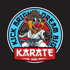 Cute cartoon Mandrill dressed in a martial arts uniform, practicing karate with focus and precision character emblem illustration