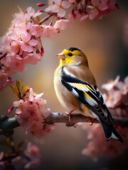 Colorful goldfinch bird resting on a blooming cherry blossom branch in spring, surrounded by delicate pink flowers.