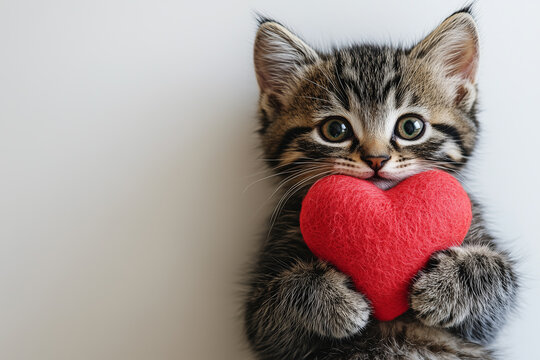 Cute kitten holding a red heart