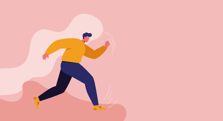 Flat design illustration of a man running with energy and determination, symbolizing progress, speed, and active lifestyle. Ideal for business, health, or motivational themes.