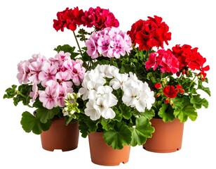 Three potted geraniums in various colors