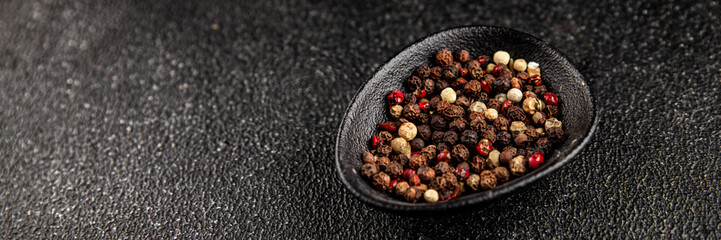 Peppers peas seasoning mix spices types of peas white, black, green, pink spices tasty snack fresh delicious gourmet food background on the table rustic top view copy space