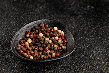Peppers peas seasoning mix spices types of peas white, black, green, pink spices tasty snack fresh delicious gourmet food background on the table rustic top view copy space