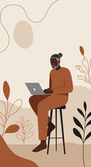 Focused man with a beard working remotely on a laptop in a modern, abstract natural setting. Perfect for digital nomadism, freelance, and work-life balance concepts.