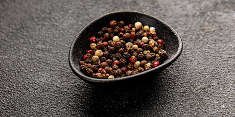 Peppers peas seasoning mix spices types of peas white, black, green, pink spices tasty snack fresh delicious gourmet food background on the table rustic top view copy space