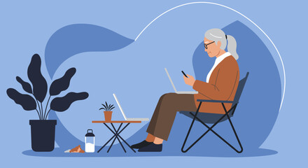 Senior woman working remotely on laptop and phone, embracing modern technology for business or leisure in a comfortable setting.
