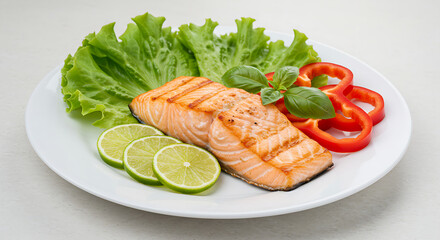 A healthy grilled salmon fillet, beautifully presented with fresh lettuce, red peppers, and lime slices.